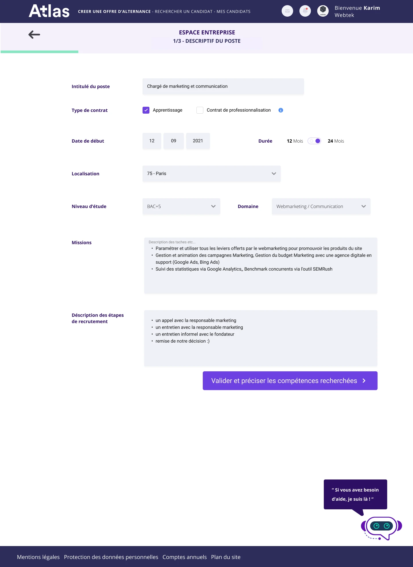 AtlaSkills — étape 1/3, descriptif du poste